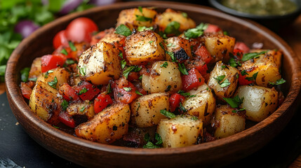 Roasted Potatoes with Red Peppers and Parsley in Wooden Bowl