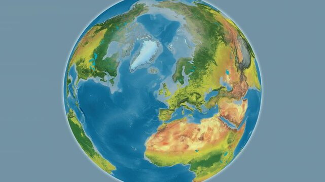 Ireland on the globe. Outline. Topographic map. No labels