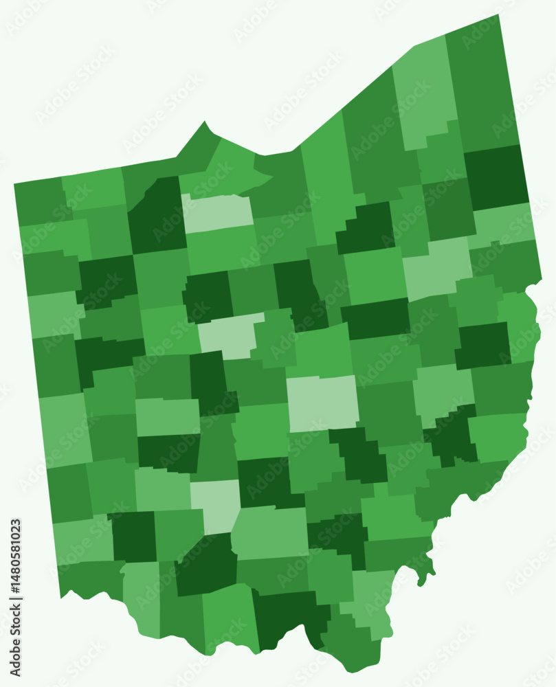 Poster map of ohio with counties. just a simple state border map with county division. green color palette.