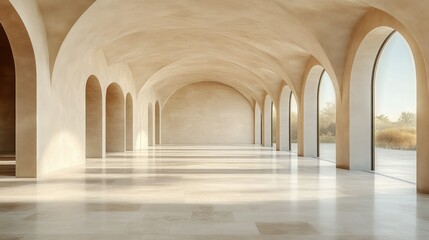 Fototapeta premium Empty, beige, arched hall with large windows