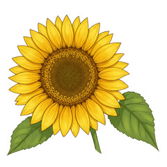 Sunflower illustration with bright yellow petals and green leaves  