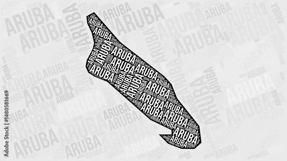 Poster aruba animation. visual effect of aruba regions appearing in black and white word clouds style. coun