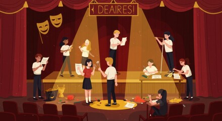 Diverse Students Rehearsing Play on Stage