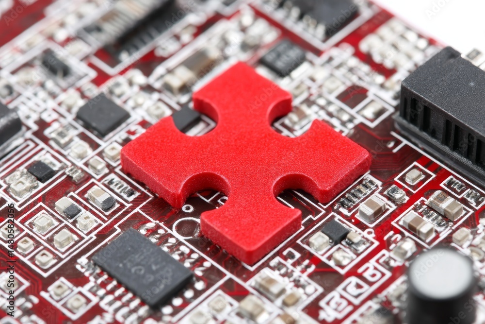Poster solving the tech puzzle - a red puzzle piece sits on a circuit board, representing technological sol