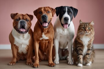 Four playful pets sit together in a cozy living room with a pink backdrop and bright smiles