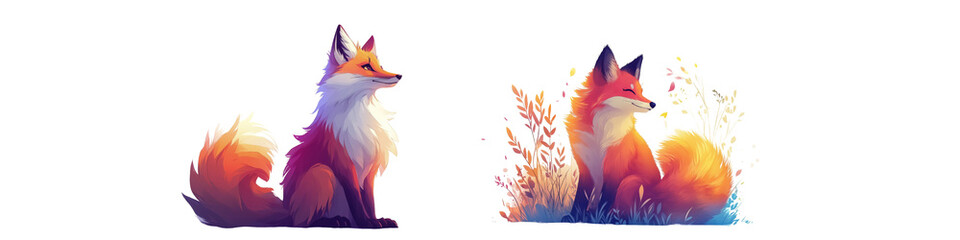 Collection of stylized fox illustrations in warm vibrant tones, transparent background.