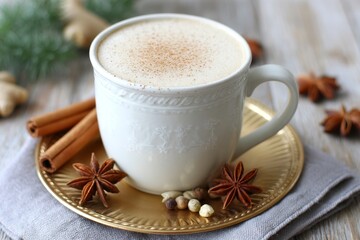 Spiced Chai Latte with Cinnamon and Star Anise - Warm, comforting spiced chai latte, perfect for a cozy evening. Symbolizes warmth, spice, comfort, relaxation, and indulgence