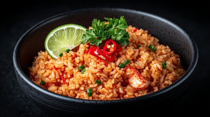 Fototapeta premium Spicy Shrimp Fried Rice Bowl - Delicious spicy shrimp fried rice served in a black bowl, garnished with lime, chili, and parsley