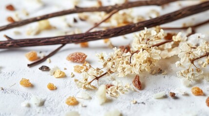 Fototapeta premium Dried flowers and twigs on a white textured surface with scattered dried fruit pieces.