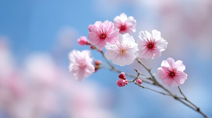 Fototapeta premium Springtime Blossom Meadow - Delicate pink and purple flowers in a spring meadow, symbolizing new beginnings, growth, beauty, renewal and tranquility