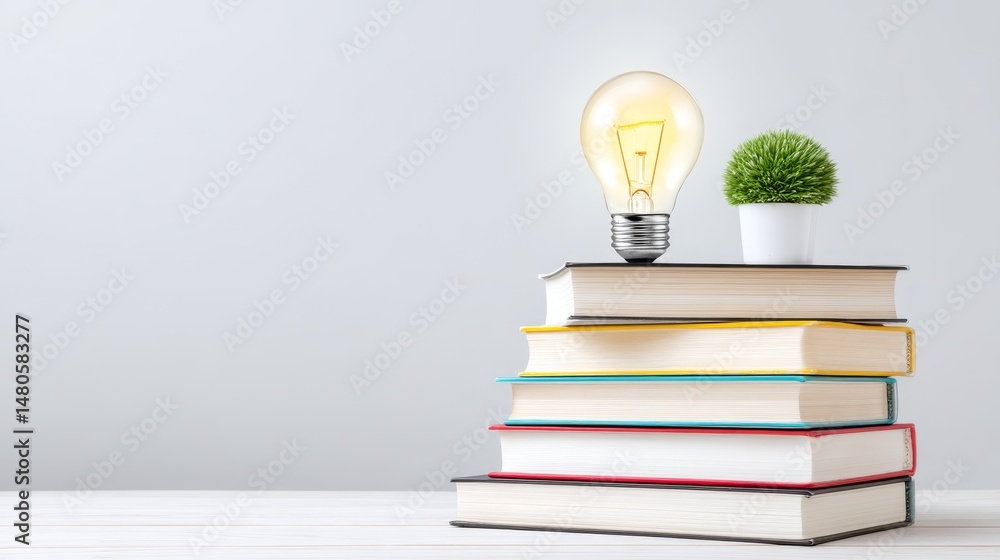 Poster stack of books with light bulb and plant - a stack of colorful books with a lit light bulb and a sma