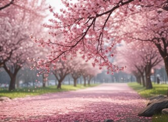 Naklejka premium Delicate pink sakura petals drift, soft focus on blooming cherry trees , nature, pretty