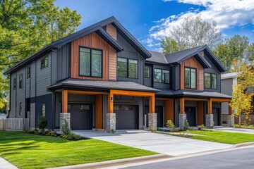 A modern duplex with separate entrances, a clean design, and a driveway for easy parking access