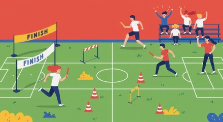 Fototapeta premium Energetic Kids Relay Race Competition on Field