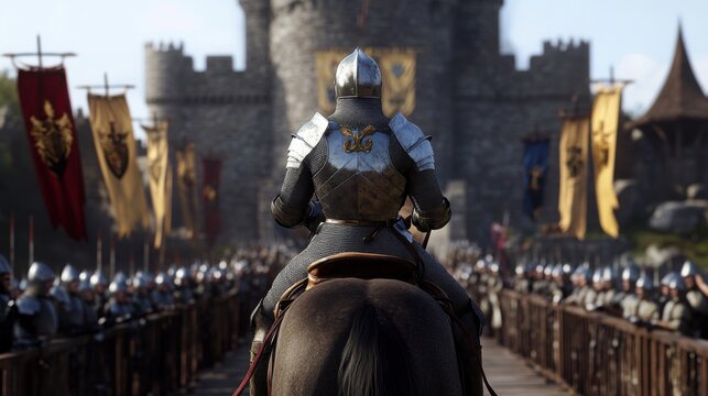 A knight clad in shining armor rides a horse towards a majestic medieval castle. Festive banners flutter around as spectators eagerly await the tournament's start, creating a vibrant atmosphere