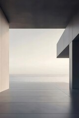 Minimalist Concrete Architecture Overlooking Sea and Sky in Coastal Setting Tranquil Exterior Building Facade with Geometric Design in Soft Daylight