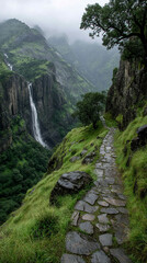 A high-angle view of a stone path leading to the edge of a cliff near a waterfall. The path winds through the rugged terrain, offering a stunning view of the natural landscape and cascading water, cre