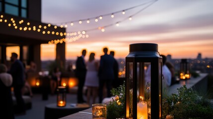 A rooftop gathering showcases guests mingling as soft string lights illuminate the scene. Elegant candles set a warm atmosphere against a stunning sunset backdrop