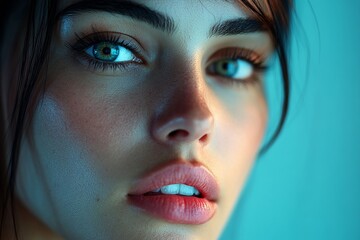 close-up of a woman in awe, glowing eyes, soft highlights, dreamy effect