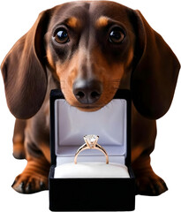 Sweet Dachshund Puppy with a Sparkling Engagement Ring isolated on white transparent background clipart PNG