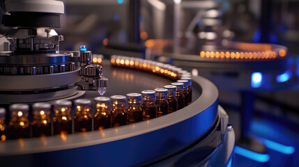 Automated pharmaceutical assembly line with vials moving on a track