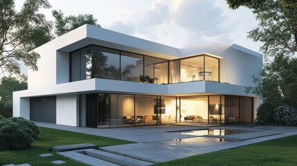 Modern white house with large windows, pool, and lush green landscaping at dusk.