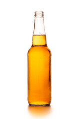Beer production, brewery and craft drink. Cold full glass bottle of light craft lager with flowing drops, isolated on white background, vertical, cut out, flat lay, close up, copy space, studio shot