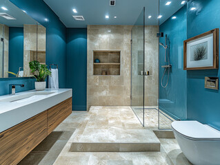 Modern luxury bathroom with blue walls, natural stone tiles, glass shower enclosure, and sleek wooden vanity, creating a stylish and relaxing space.  
