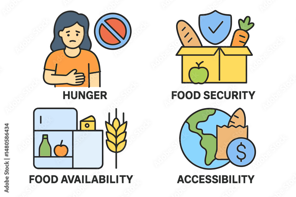 Poster a set of icons representing hunger and food security concepts is available, featuring thin line colo