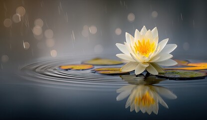 Serene lily on water, gentle rain