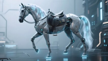 Futuristic Robotic Horse Cyborg with Metal Body and Digital Illumination in a High Tech Environment