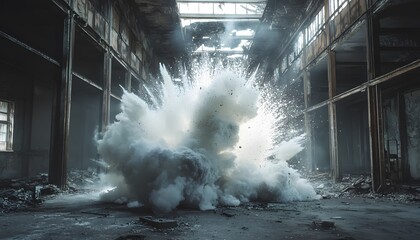 Large explosion inside a dilapidated industrial building.