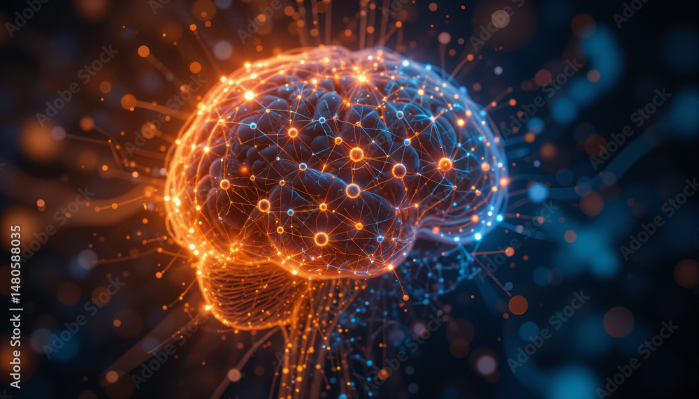 Aufkleber the image shows a glowing orange brain with a network of dots and lines radiating out from it