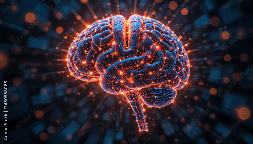 Poster the image shows a glowing brain on a dark background with lines radiating out of it