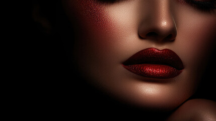 Close-up of woman's face, intense red makeup with glitter