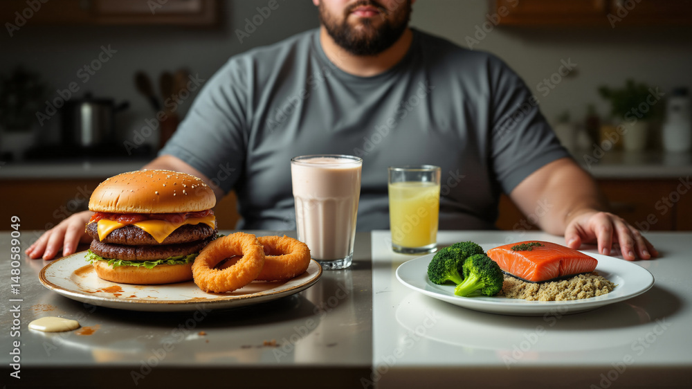 Poster the image shows a man sitting at a table with two plates of food in front of him. on the left plate 