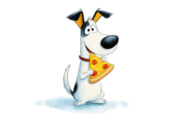 Illustration of a dog holding a piece of pizza - isolated on white background
