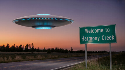 Ufo hovering over a quiet road at dusky deep atmosphere 