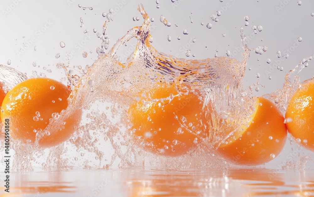 Poster juicy oranges splashing into water, creating a dynamic scene