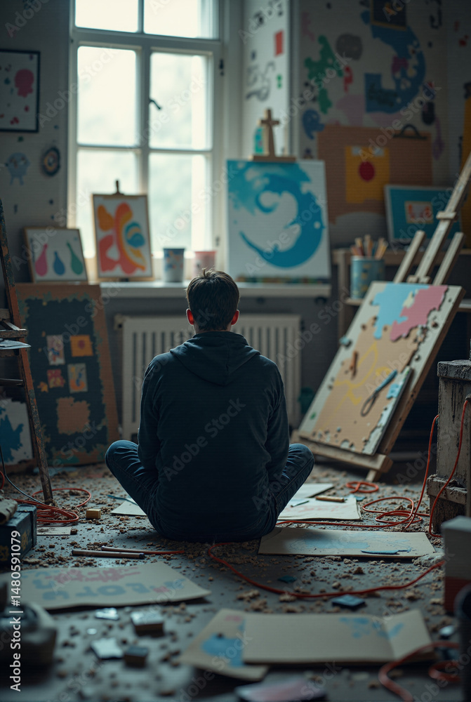 Poster the image shows a man sitting on the floor in front of an easel