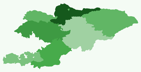 Map of Kyrgyzstan with regions. A simple country border map with region division. Green color palette. Plain Kyrgyzstan shape with administrative division. Vector illustration.