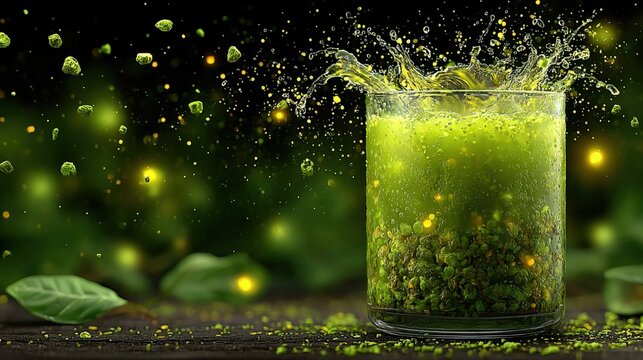 A green glass of juice filled with nutrients and fresh ingredients representing health and wellness in a beverage