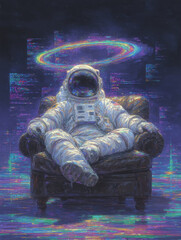 Astronaut Sitting in Armchair with Glitch Effect and Cosmic Background