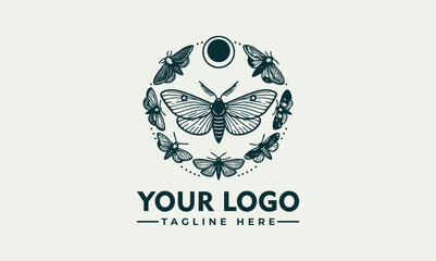 Symmetrical moth illustration with detailed wings enclosed in minimal circular frame. Nature concept
