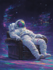 Astronaut Sitting in Armchair with Glitch Effect and Cosmic Background