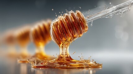 Honey dripping from a spoon in a clean lab environment for testing honey purity with sterile background