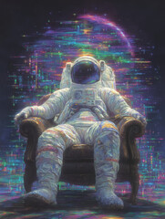 Astronaut Sitting in Armchair with Glitch Effect and Cosmic Background