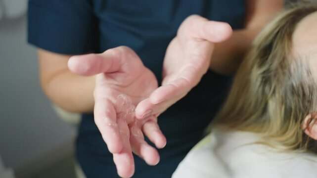 Beauty expert spreading clear massage gel over hands before applying to client face, hands rubbing to evenly distribute product in spa setting, hygienic preparation and smooth texture