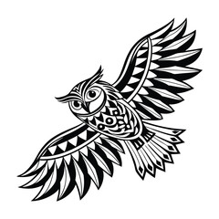 Stylized owl tattoo drawing - tribal feather details, owl tattoo with tribal pattern - detailed ink art.