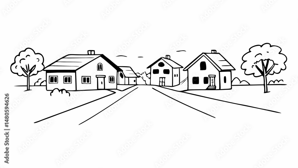 Poster drawing of a street with houses and trees in a simple black and white line art style illustration cr